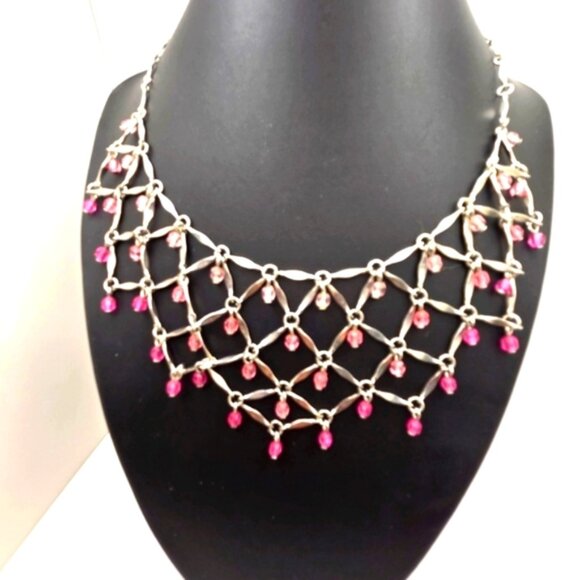 Vintage Avon Pink Stones Bib Necklace 18 With Clear Rhinestone - Picture 4 of 6
